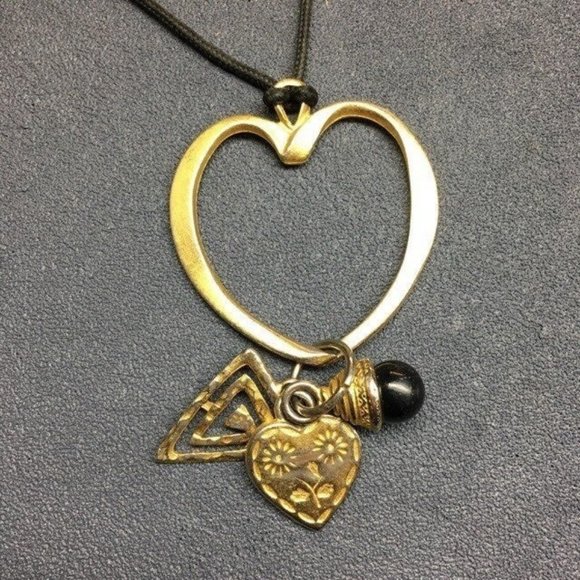 Heart Swirl Pendant Necklace Black Cord Bead Gold Triangle Spiral Retro Boho - Picture 2 of 7